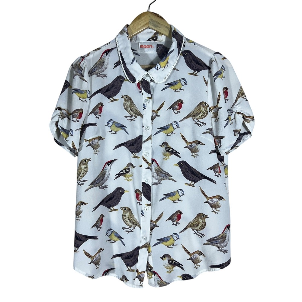 Moon Bird Print Peter Pan Collar Button Up Blouse White Whimsy Cottagecore Sz M